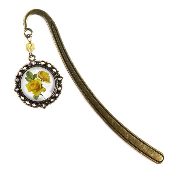 Yellow Rose Glass Cabochon Brass Book Hook / Bookmark