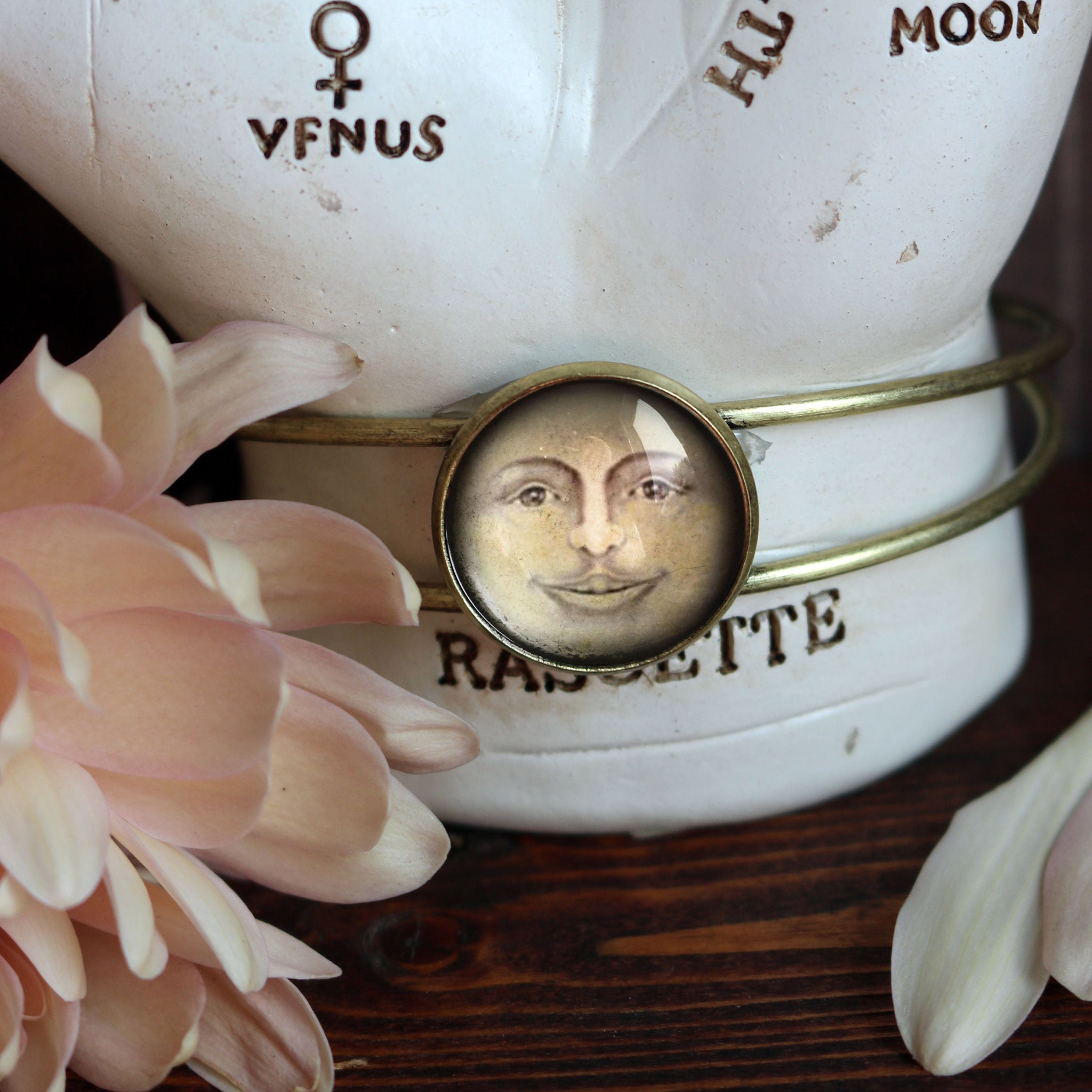 Victorian Man in the Moon Cuff / Bangle Bracelet in Antique Brass