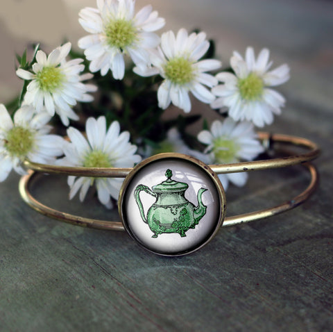 Sweet Tea Green and Yellow Teapot and Teacups Cuff Bracelet / Bangle in Antique Brass