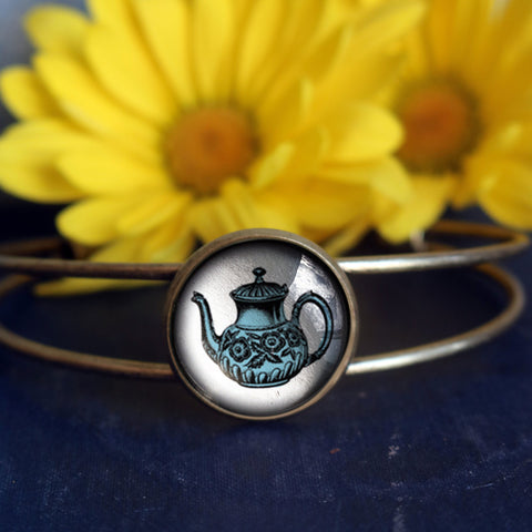 Blue Victorian Teapot Cuff Bracelet / Bangle in Antique Brass