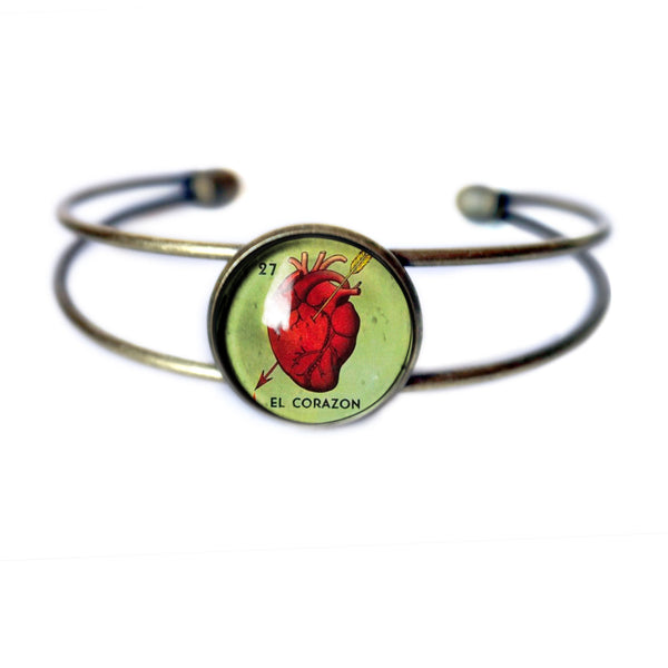 El Corazon Heart Loteria Themed Cuff Bracelet / Bangle in Antique Brass Wire