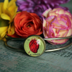 El Corazon Heart Loteria Themed Cuff Bracelet / Bangle in Antique Brass Wire