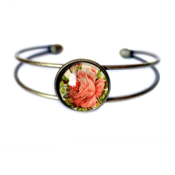 Victorian Tea Rose Cuff Bracelet / Bangle in Antique Brass