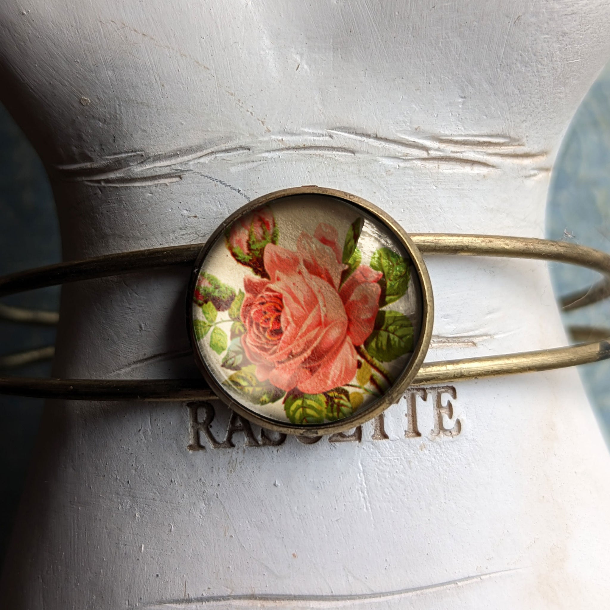 Victorian Tea Rose Cuff Bracelet / Bangle in Antique Brass