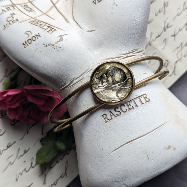 Alice in Wonderland Cheshire Cat Cuff Bracelet / Bangle in Antique Brass