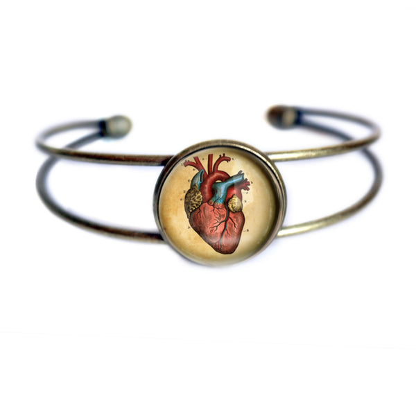 Anatomical Heart Cuff Bracelet / Bangle in Antique Brass Wire