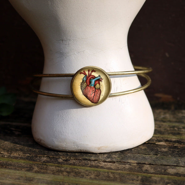 Anatomical Heart Cuff Bracelet / Bangle in Antique Brass Wire