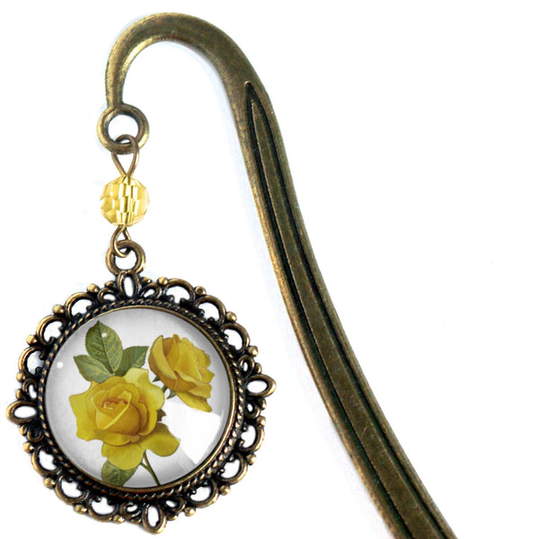 Yellow Rose Glass Cabochon Brass Book Hook / Bookmark