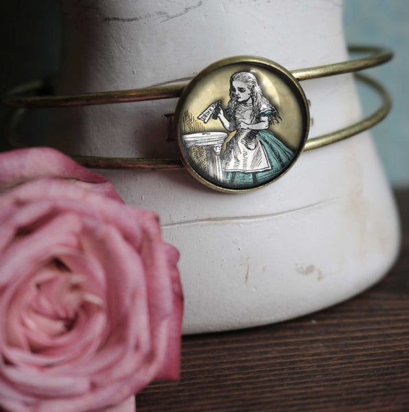Alice in Wonderland "Drink Me" Potion Cuff Bracelet / Bangle in Antique Brass