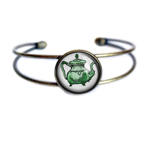 Sweet Tea Green and Yellow Teapot and Teacups Cuff Bracelet / Bangle in Antique Brass