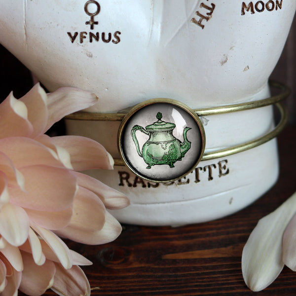 Sweet Tea Green and Yellow Teapot and Teacups Cuff Bracelet / Bangle in Antique Brass