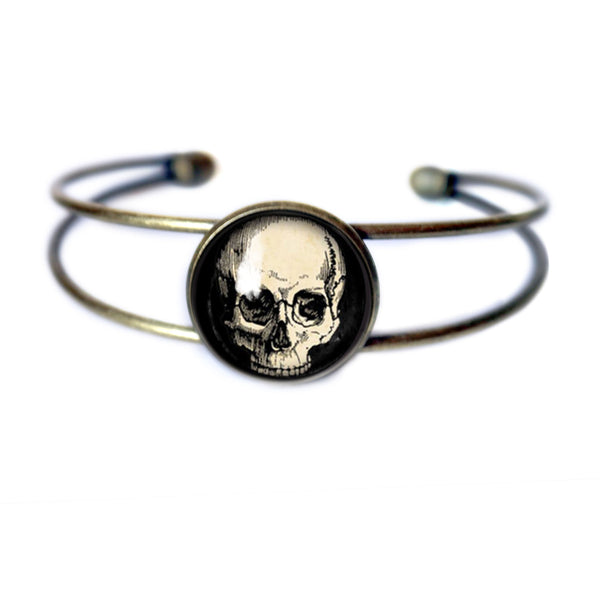 Human Skull Adjustable Charm Bracelet / Bangle in Antique Brass