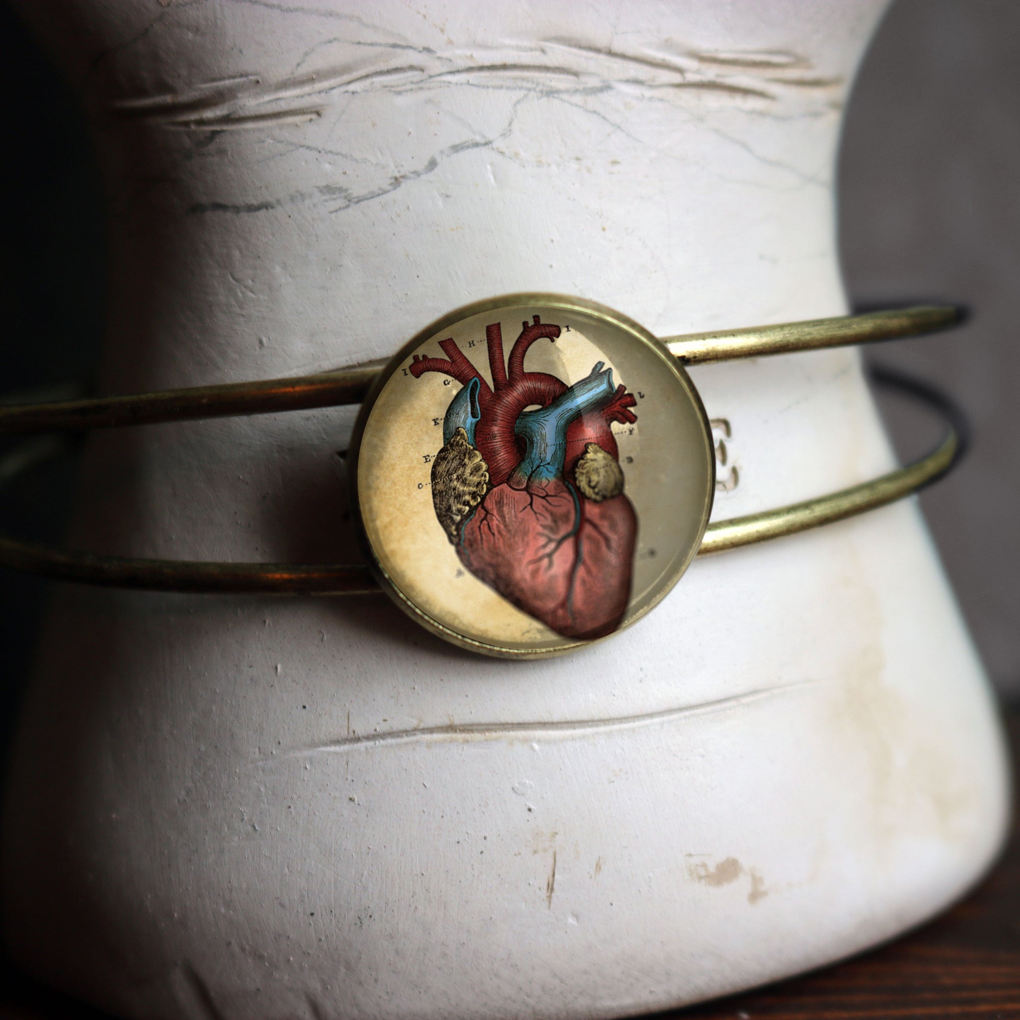 Anatomical Heart Cuff Bracelet / Bangle in Antique Brass Wire