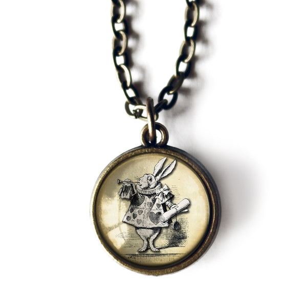 Alice in Wonderland White Rabbit Simple Reversible Glass Cabochon Pendant Necklace