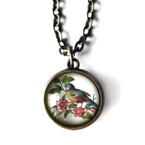 Blue Bird  Simple Reversible Glass Cabochon Pendant Necklace