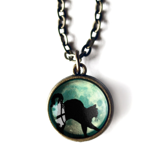 Black Cat on Blue Full Moon Simple Reversible Pendant Necklace