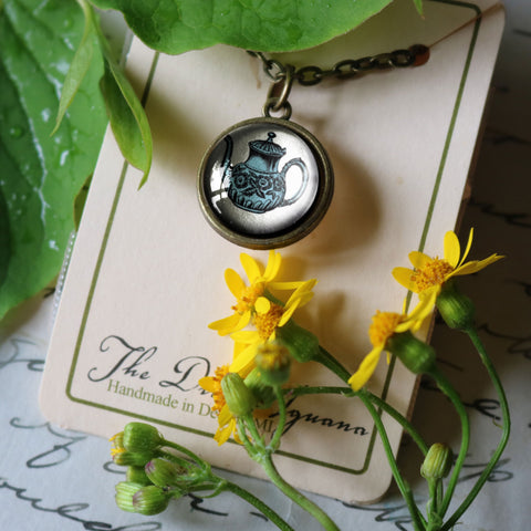 Blue and Yellow Teapot and Teacup Simple Reversible Pendant Necklace