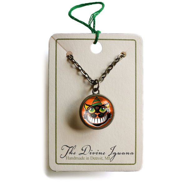 Grinning Retro Halloween Black Cat Simple Reversible  Pendant Necklace