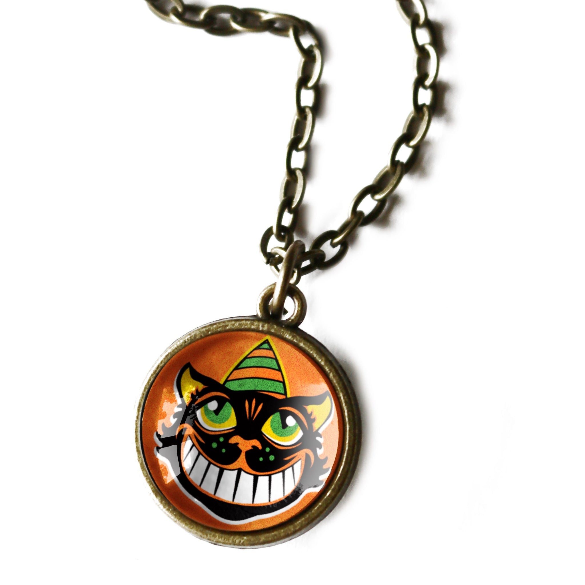 Grinning Retro Halloween Black Cat Simple Reversible  Pendant Necklace
