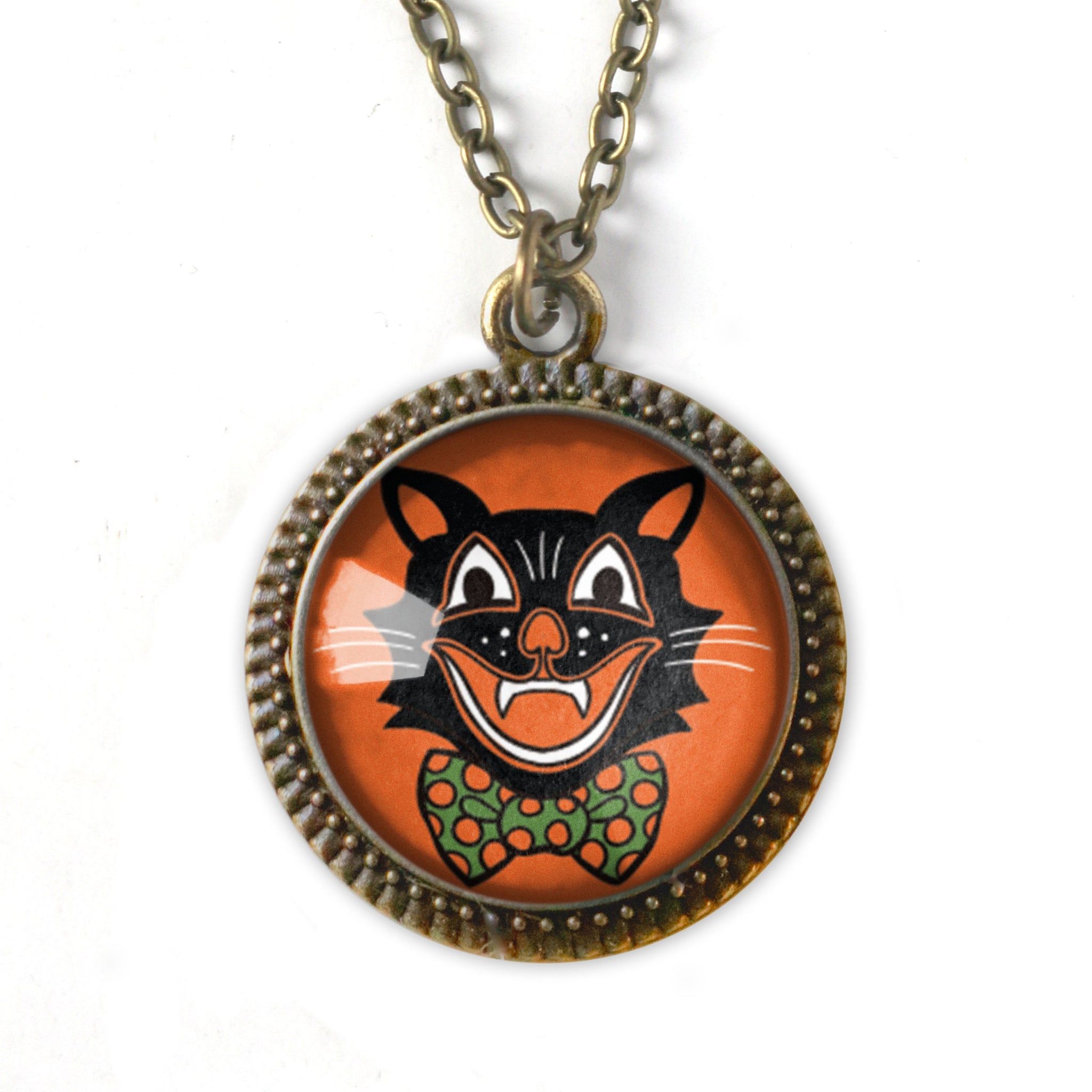 Retro Halloween Black Cat in Bow Tie Pendant Necklace