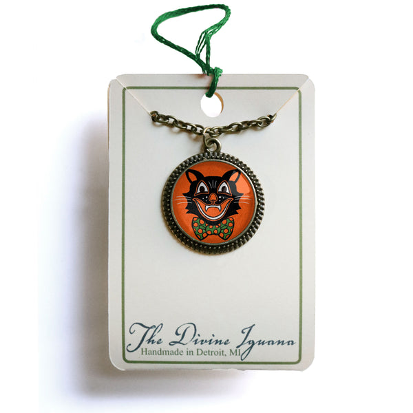 Retro Halloween Black Cat in Bow Tie Pendant Necklace