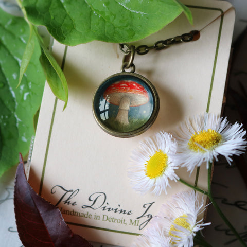 Moonlit Amanita Mushrooms Simple Reversible Pendant Necklace