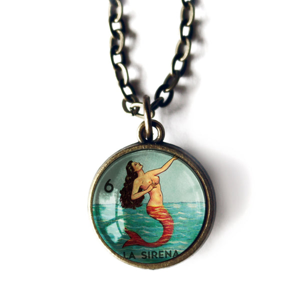 La Sirena Simple Reversible Loteria Mermaid Pendant Necklace