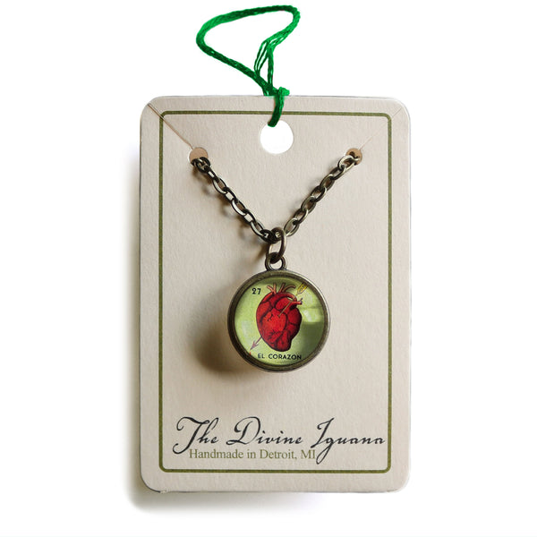 El Corazon Simple Reversible  Loteria Heart Pendant Necklace