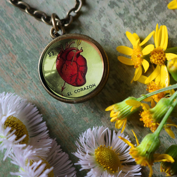 El Corazon Simple Reversible  Loteria Heart Pendant Necklace
