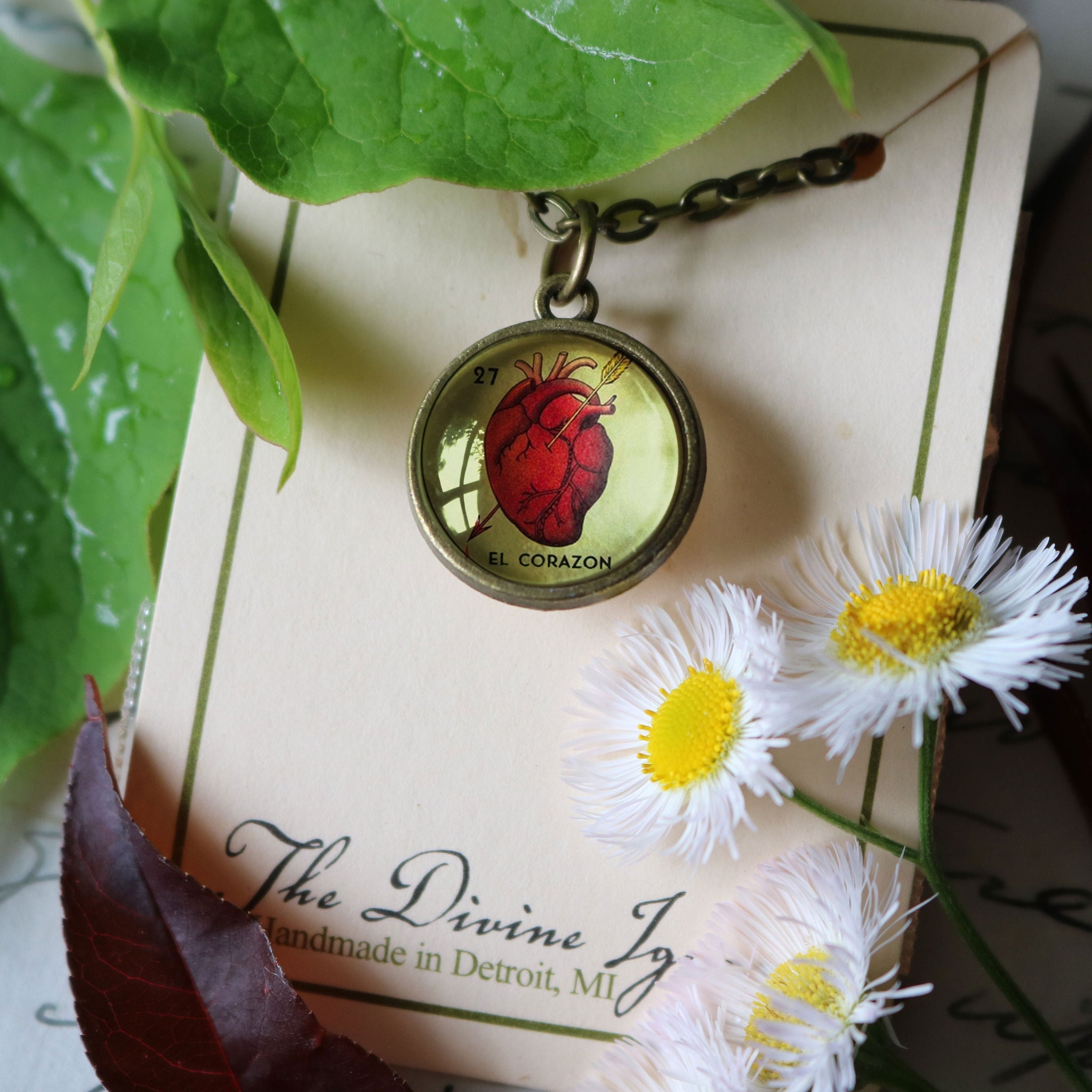 El Corazon Simple Reversible  Loteria Heart Pendant Necklace