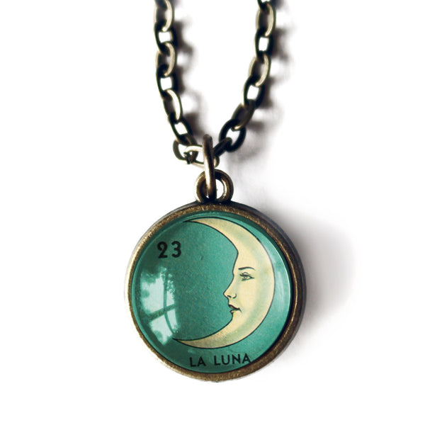La Luna Simple Reversible Loteria Moon Glass cabochon Pendant Necklace