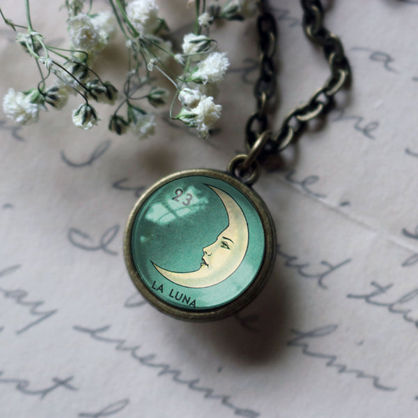 La Luna Simple Reversible Loteria Moon Glass cabochon Pendant Necklace