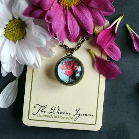 La Rosa Simple Reversible Loteria Rose Glass Cabochon Pendant Necklace