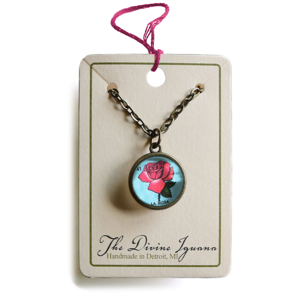 La Rosa Simple Reversible Loteria Rose Glass Cabochon Pendant Necklace