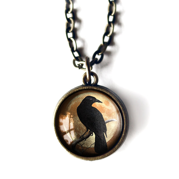 Crow or Raven Silhouette on Orange Moon Simple Reversible Goth Halloween Glass Cabochon Pendant Necklace