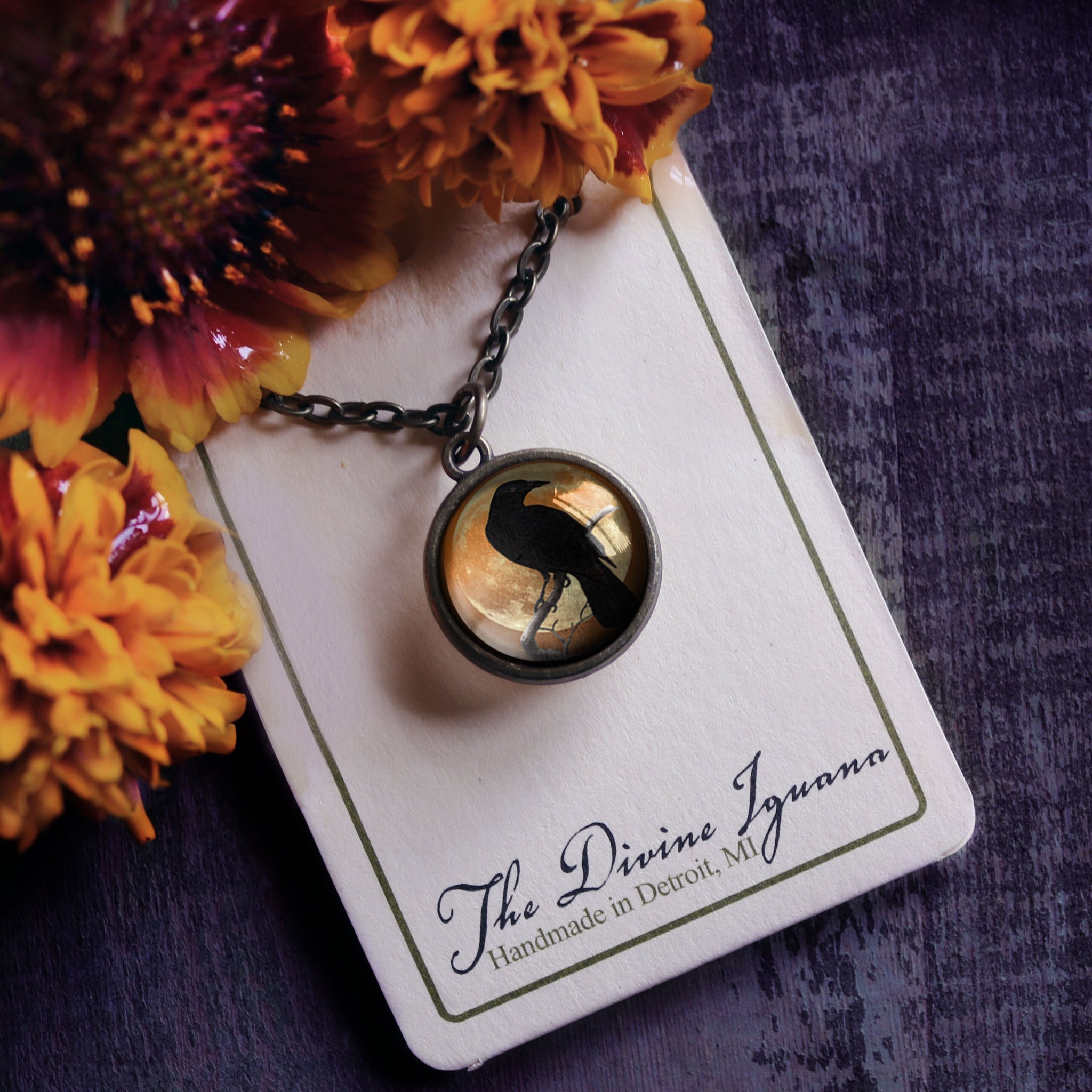 Crow or Raven Silhouette on Orange Moon Simple Reversible Goth Halloween Glass Cabochon Pendant Necklace