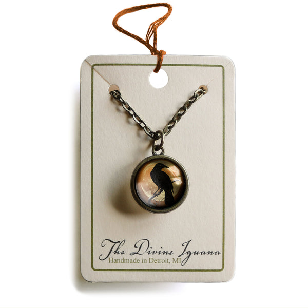 Crow or Raven Silhouette on Orange Moon Simple Reversible Goth Halloween Glass Cabochon Pendant Necklace
