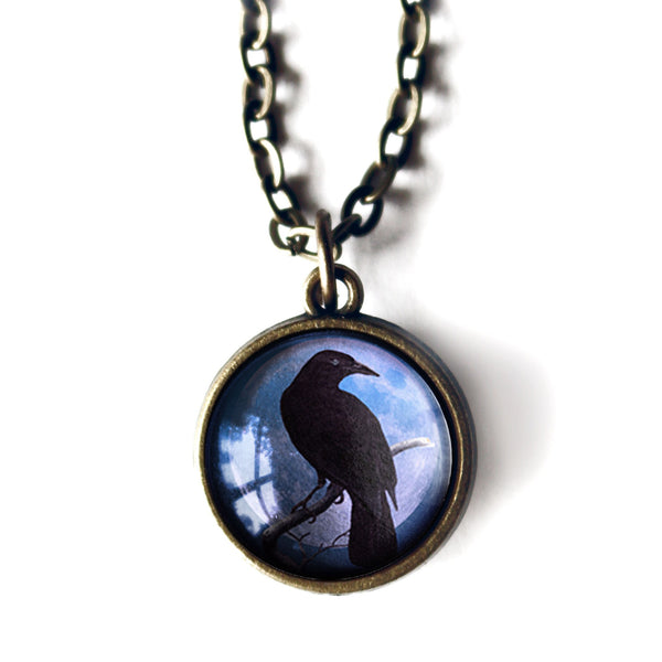 Crow or Raven on Purple Moon Simple Reversible Goth Halloween Glass Cabochon Pendant Necklace