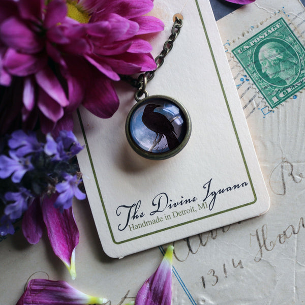 Crow or Raven on Purple Moon Simple Reversible Goth Halloween Glass Cabochon Pendant Necklace