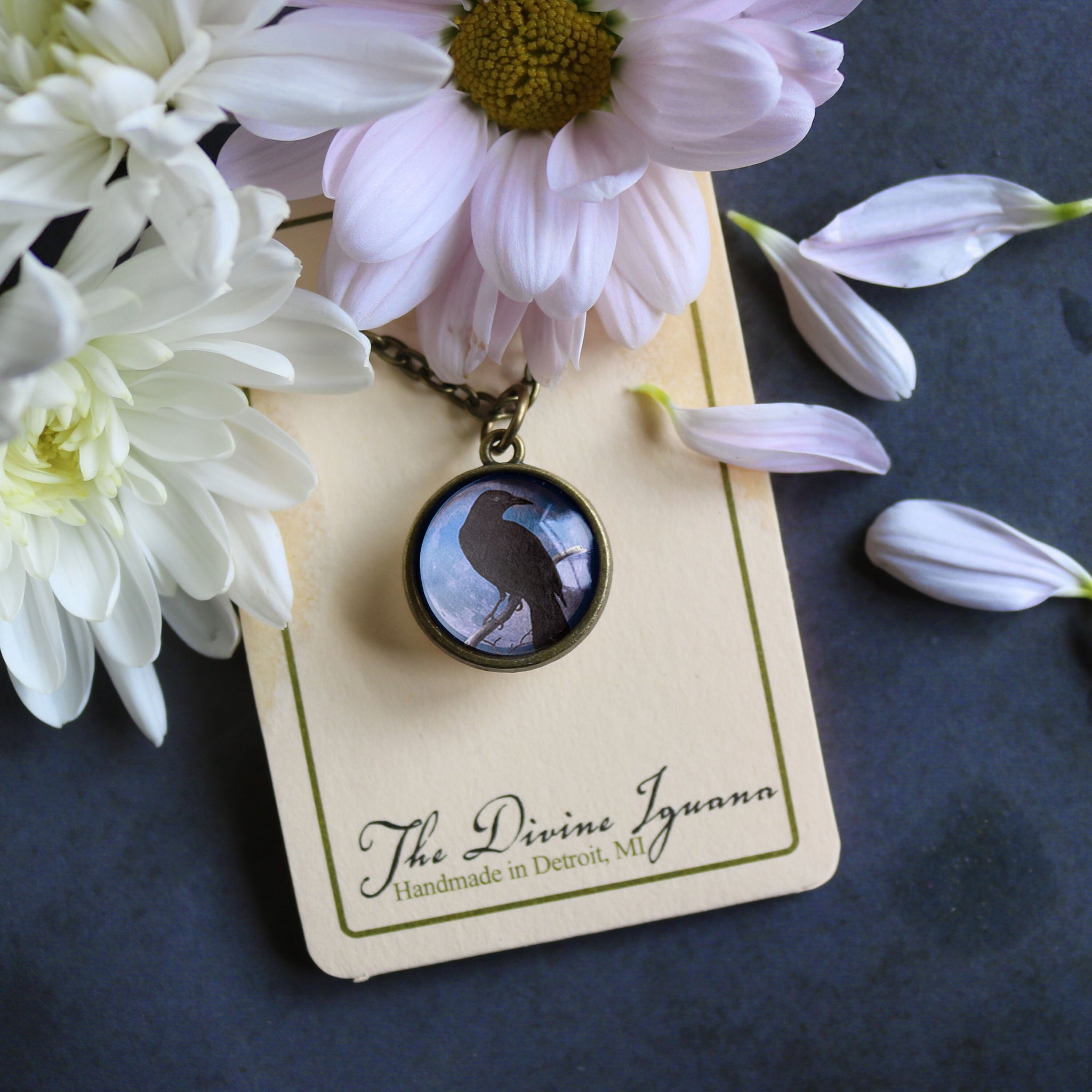 Crow or Raven on Purple Moon Simple Reversible Goth Halloween Glass Cabochon Pendant Necklace