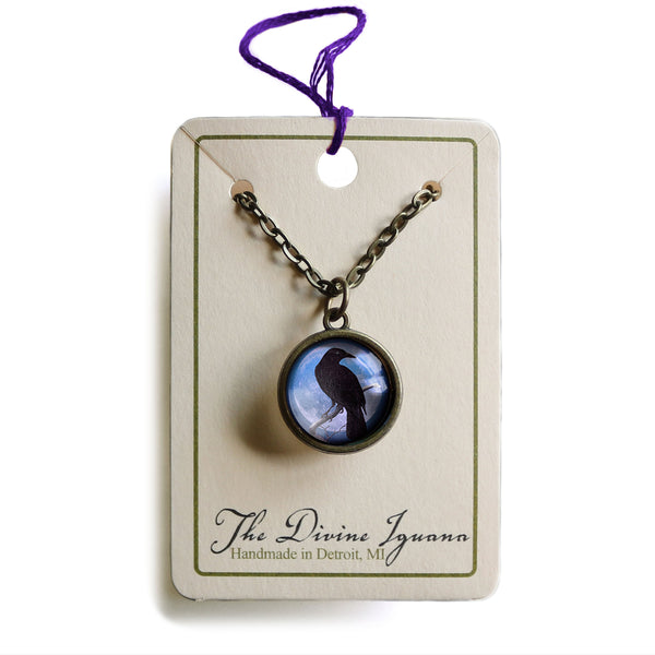 Crow or Raven on Purple Moon Simple Reversible Goth Halloween Glass Cabochon Pendant Necklace