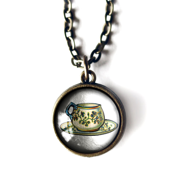 Green and White Teapot and Teacup Simple Reversible Pendant Necklace