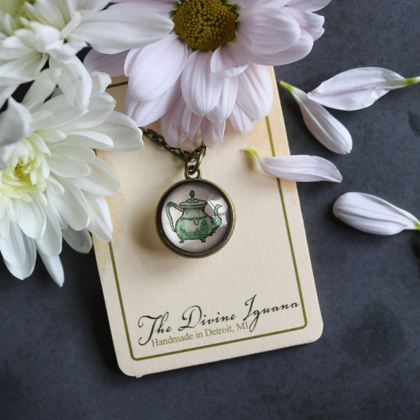 Green and White Teapot and Teacup Simple Reversible Pendant Necklace