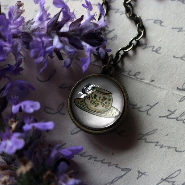 Green and White Teapot and Teacup Simple Reversible Pendant Necklace