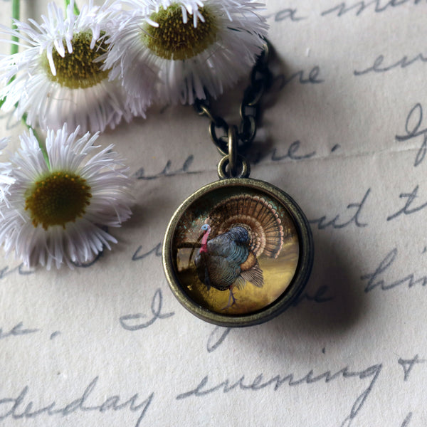 Traditional Turkey Simple Reversible Thanksgiving Glass Cabochon Pendant Necklace