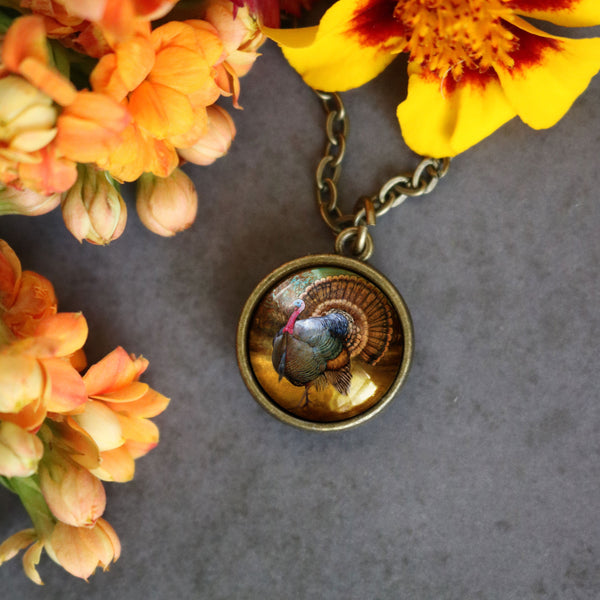 Traditional Turkey Simple Reversible Thanksgiving Glass Cabochon Pendant Necklace
