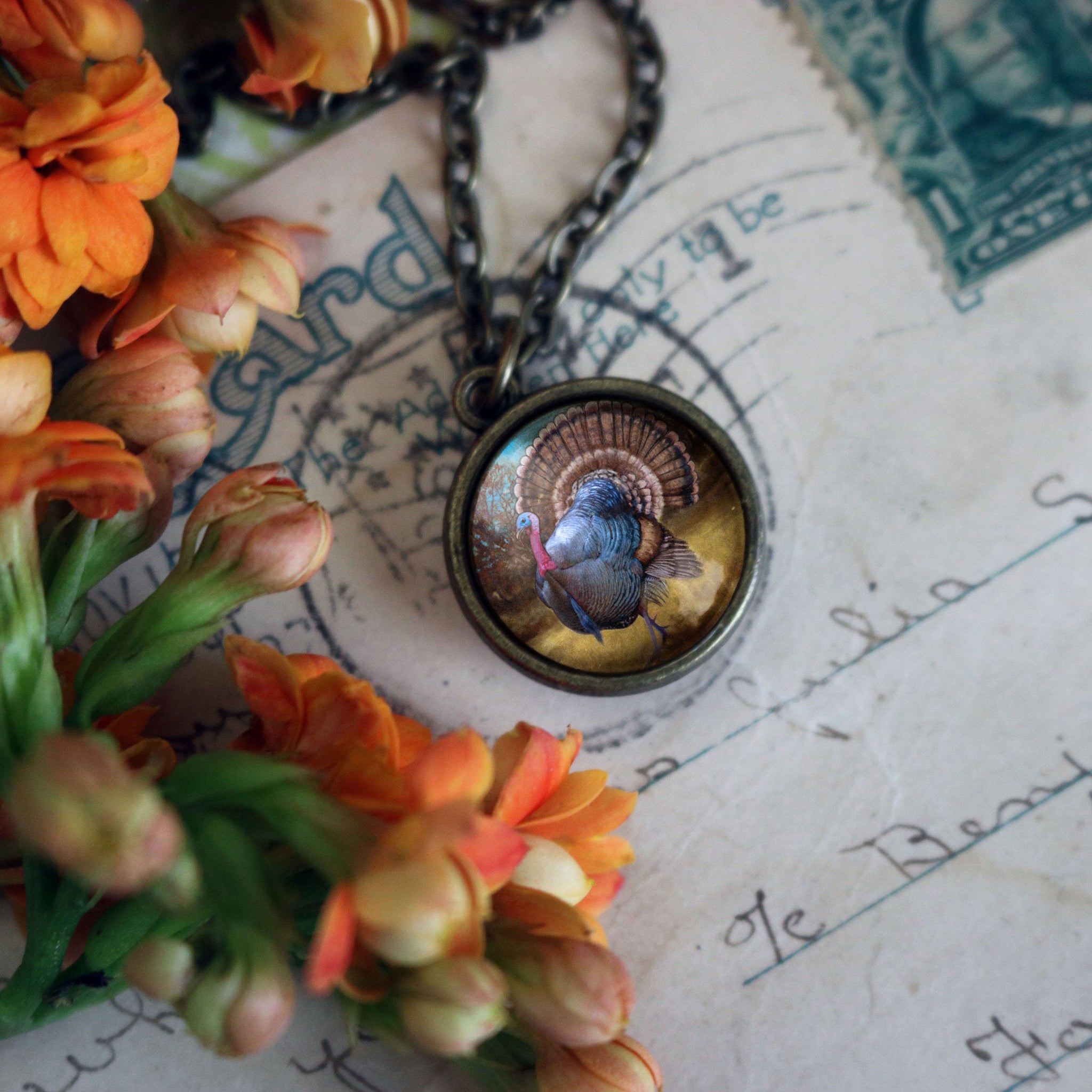 Traditional Turkey Simple Reversible Thanksgiving Glass Cabochon Pendant Necklace