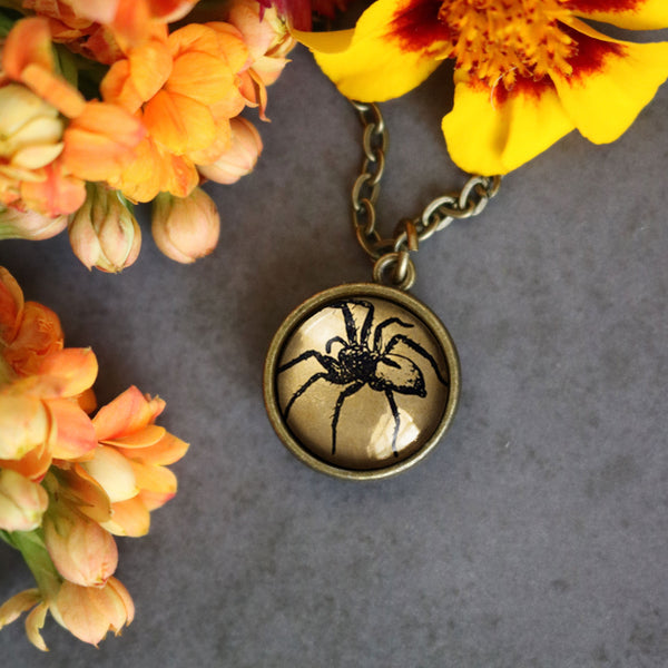 Spooky Spider Simple Reversible Goth Halloween Glass Cabochon Pendant Necklace