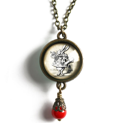 Alice in Wonderland White Rabbit Double-Sided Pendant Necklace with Red Glass Bead