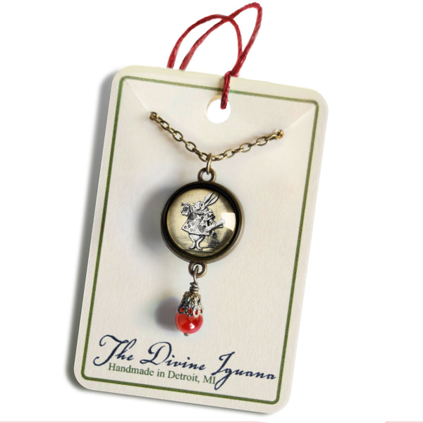 Alice in Wonderland White Rabbit Double-Sided Pendant Necklace with Red Glass Bead